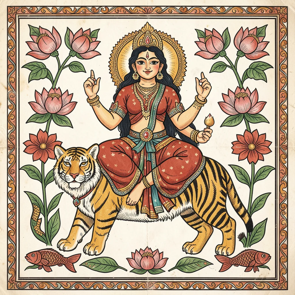 Durga figure seated on tiger — symmetrical flanking flowers, stylized face, fron