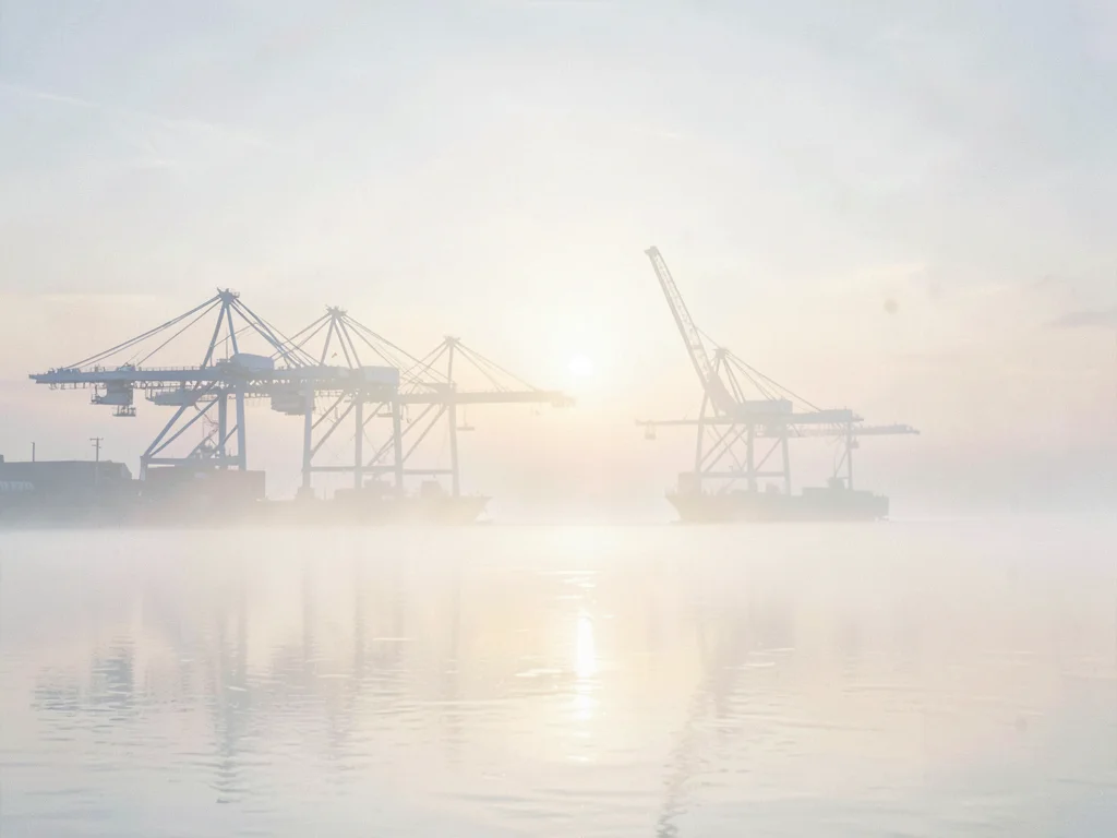 Quayside loading cranes silhouetted in dawn vapor, the river reduced to a flat p