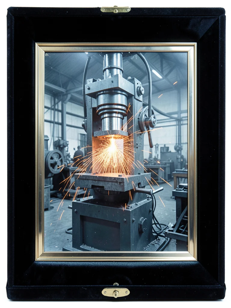 A massive hydraulic press in a steel fabrication shop, mid-compression, with ora