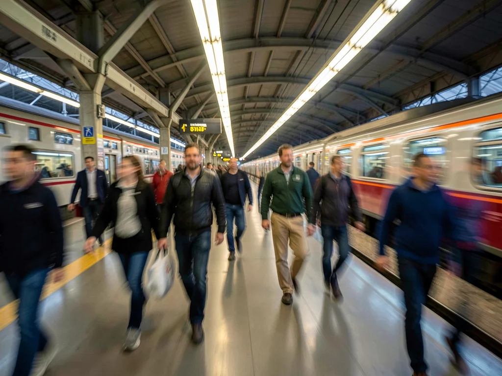 Commuters walking through train station becoming ghostly vertical smears