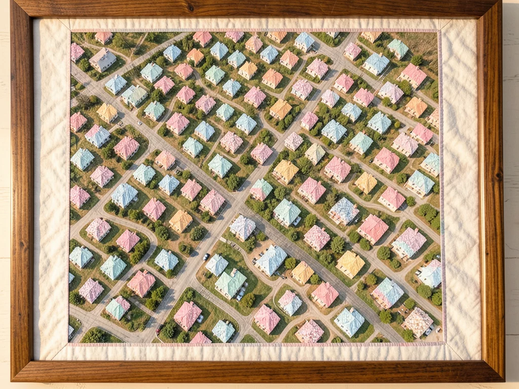 Suburban sprawl as a quilt of tiny identical house-shaped patches in pastel colo