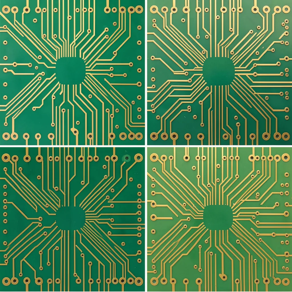 A collage of four different PCB sections placed edge-to-edge creating a patchwor