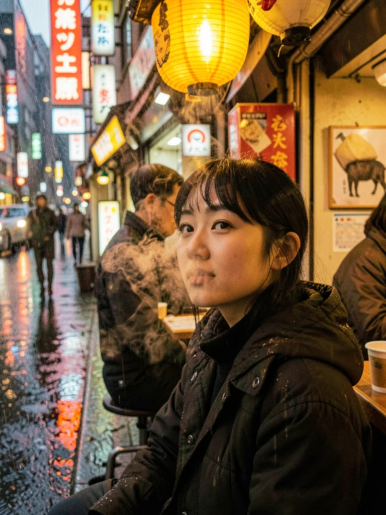 Young woman at an outdoor ramen counter, steam rising around her face, golden la