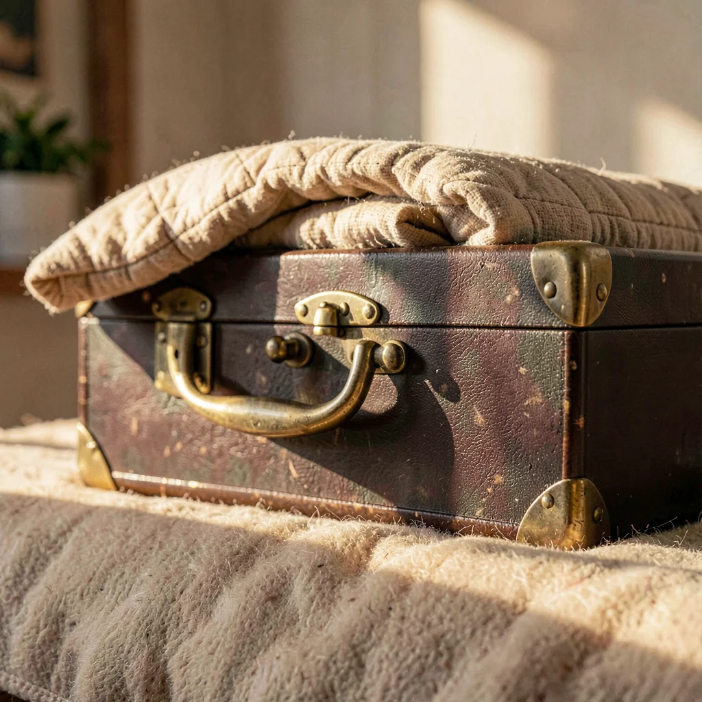 Cozy still life of a brass-handled trunk with a folded quilt, warm beige felt be