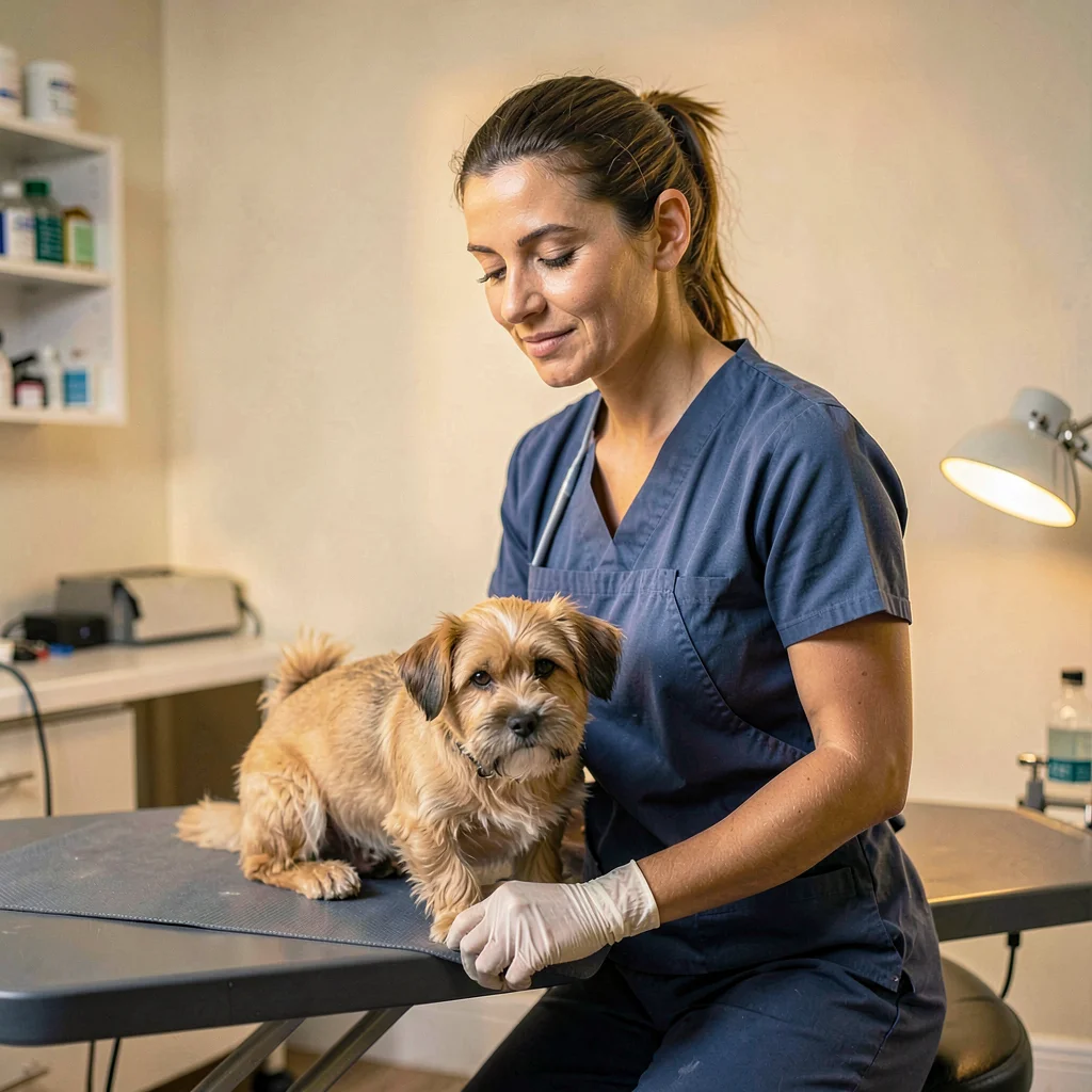 Lamplit portrait of a small-animal vet kneeling at a treatment table, warm direc