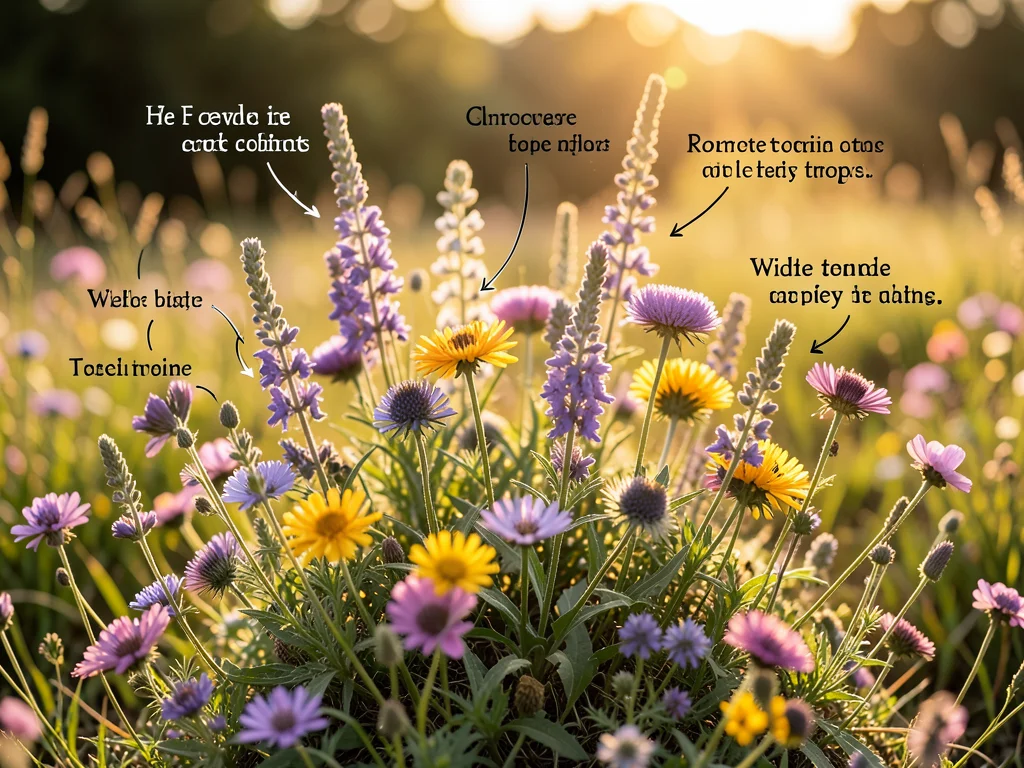 Wildflower arrangement photographed but with hand-drawn botanical annotation lab