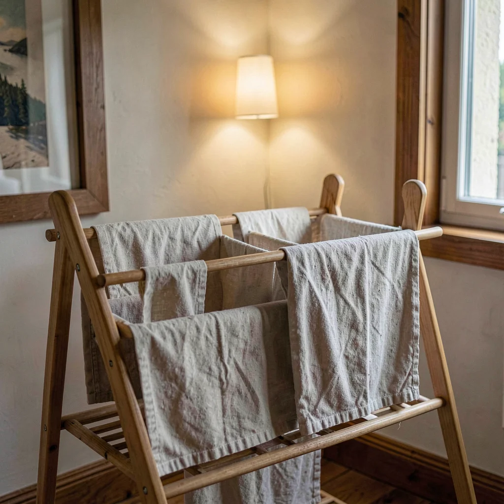 Atmospheric drying rack with linen-wrapped trays, soft sconce glow on wood frame