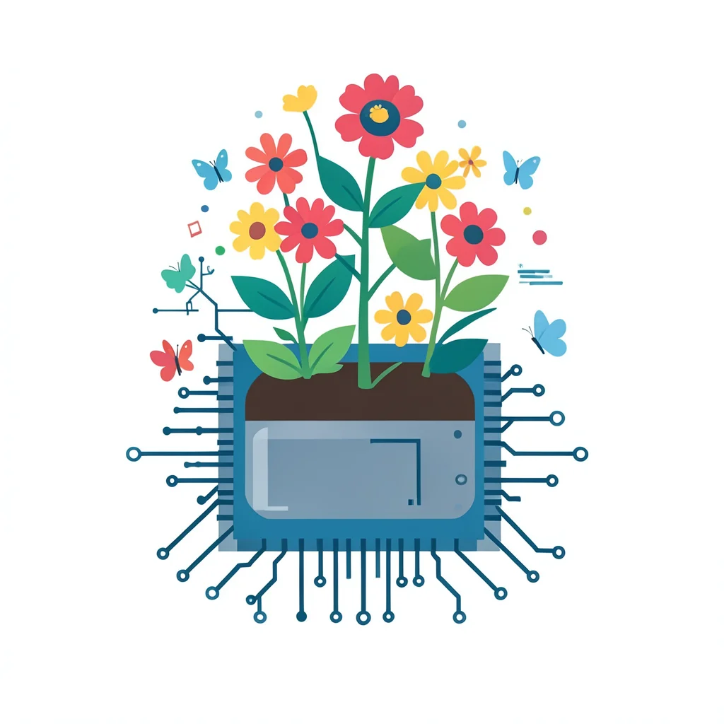 A garden growing from a computer chip, flowers and circuits intertwining, butter