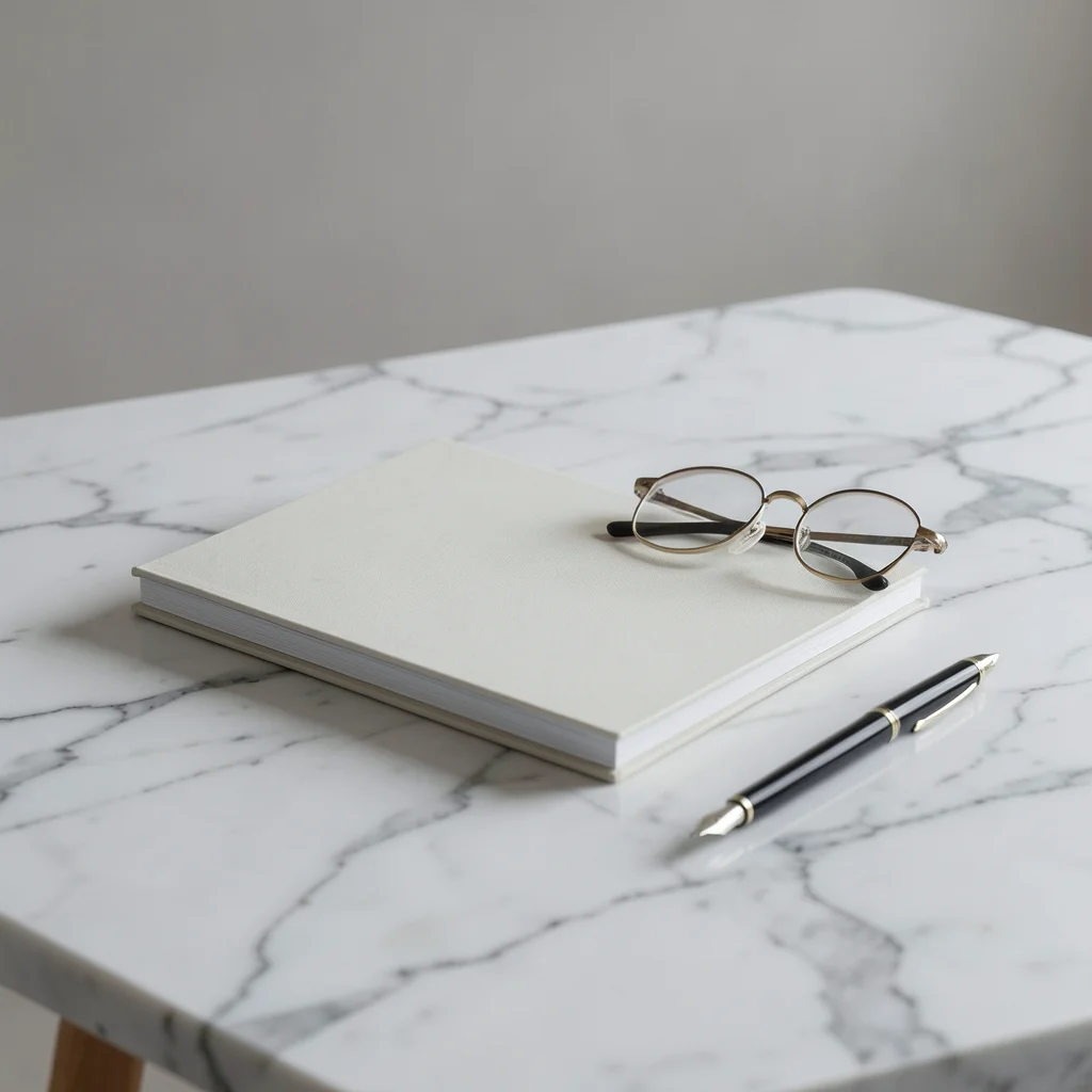 Stack of notebooks, fountain pen, and reading glasses on a marble desk surface