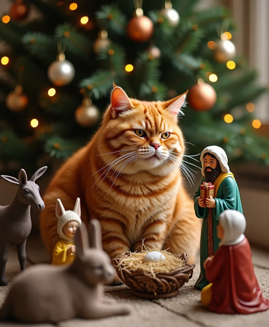 Super fat orange cat sitting in nativity scene und