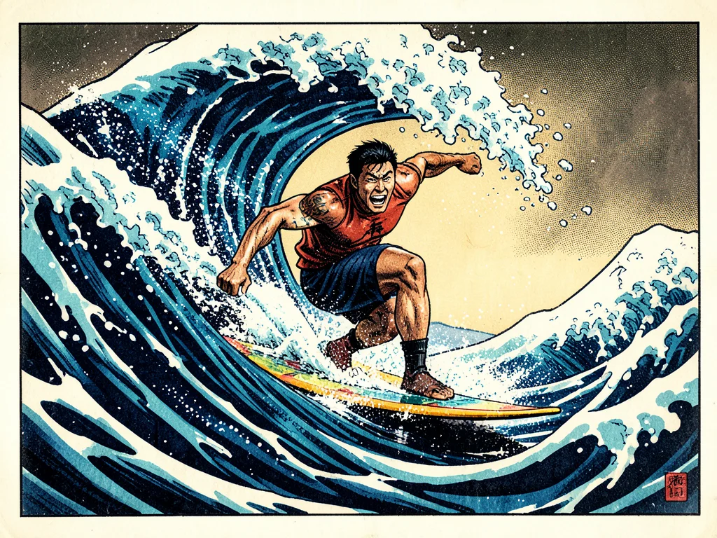 Surfer riding wave rendered in Hokusai Great Wave woodblock print style