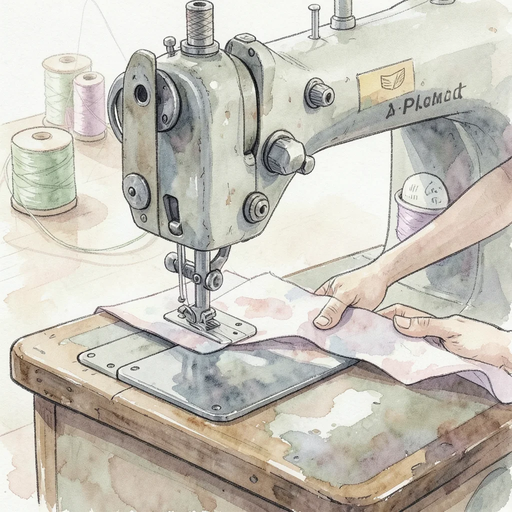 Sewing machine close-up with fabric being guided through, thread spools in backg