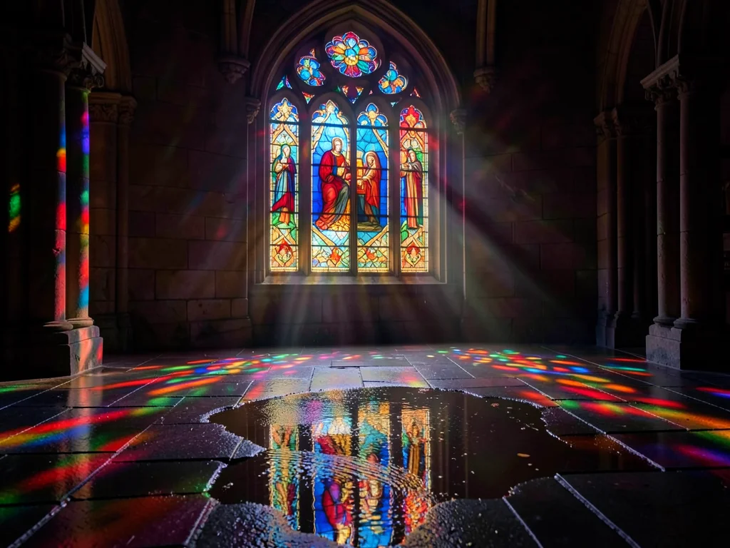 Light through stained glass reflected in a puddle on a cathedral floor after rai