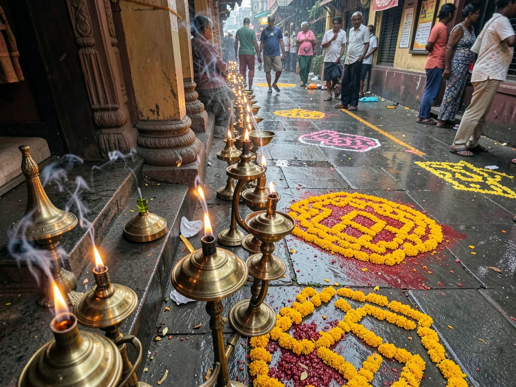 Temple brass lamps lit