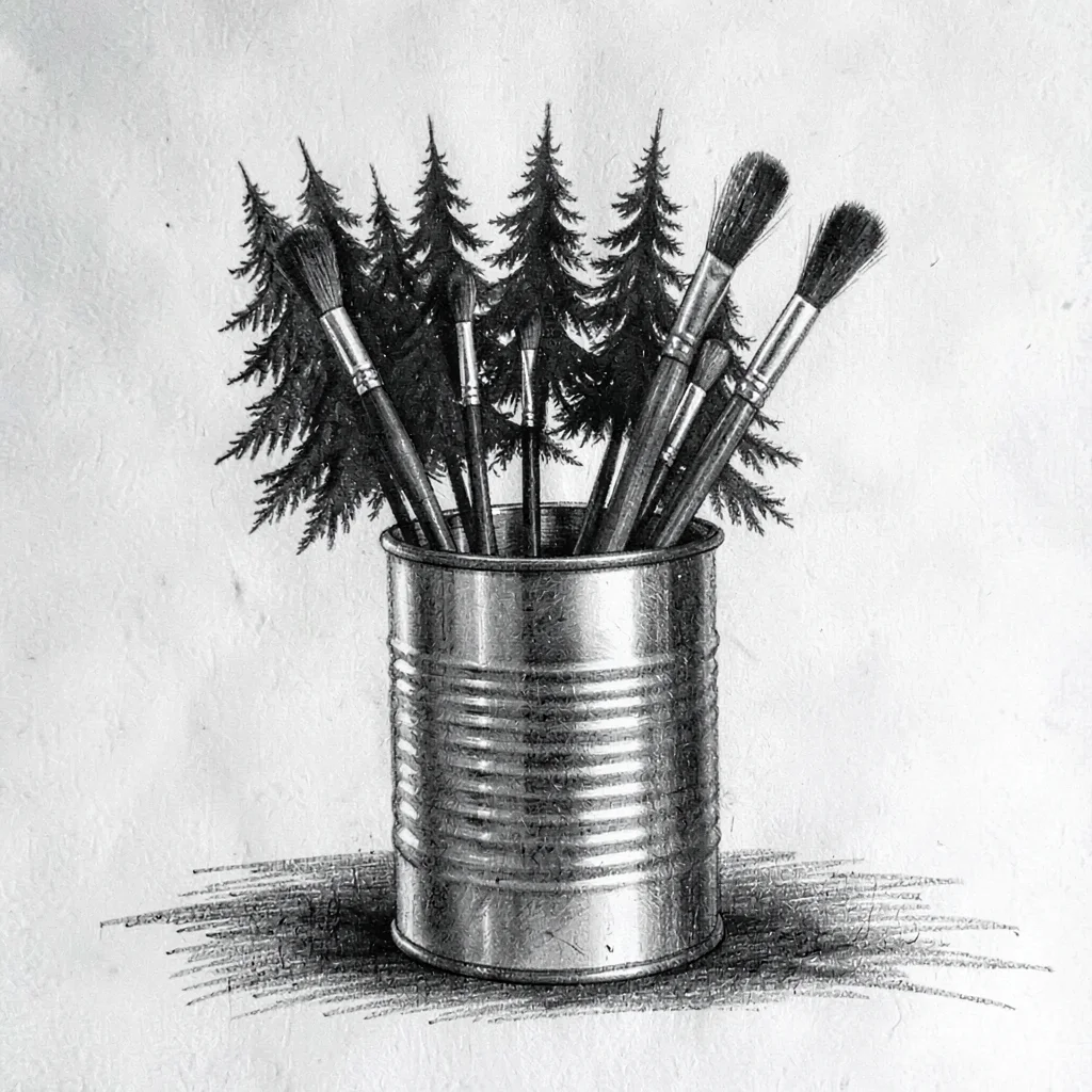 Charcoal study of a tin can holding a forest of brushes, bristle silhouettes cat