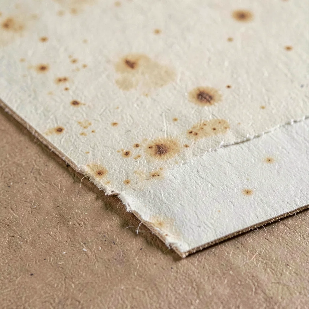 Detail of a torn corner on a swatch backing card with foxing