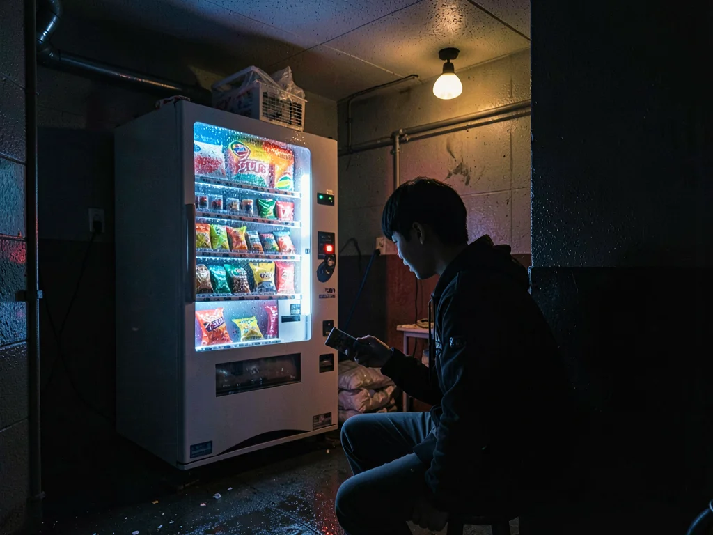 College student deciding between chips, vending machine the only light in dorm b