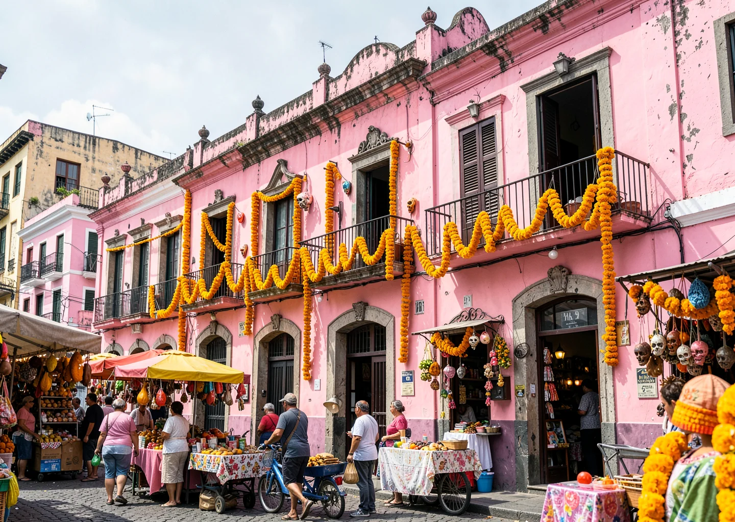 Pink colonial facades and mercado abundance in Mexico City, pink colonial buildi