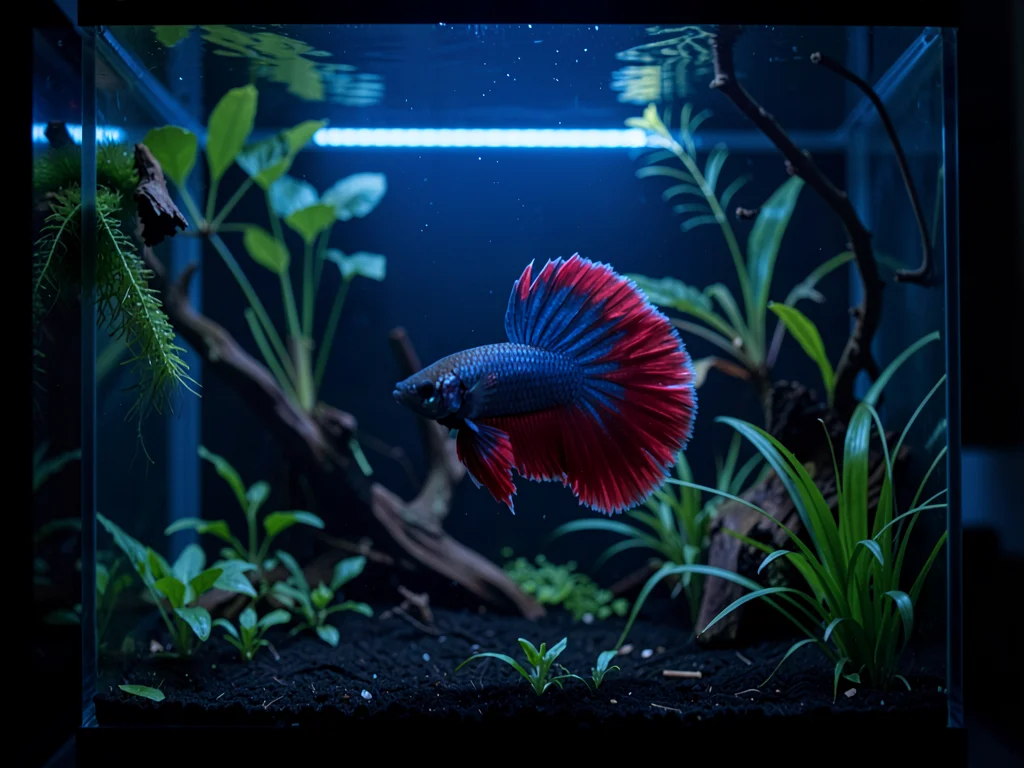 Betta fish flaring, dramatic fins in planted tank, single fish as living art, bl