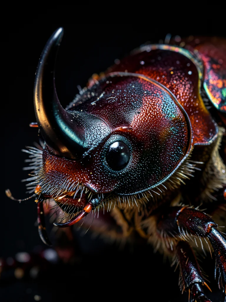 A rhinoceros beetle, its massive horn structure catching side light, the exoskel