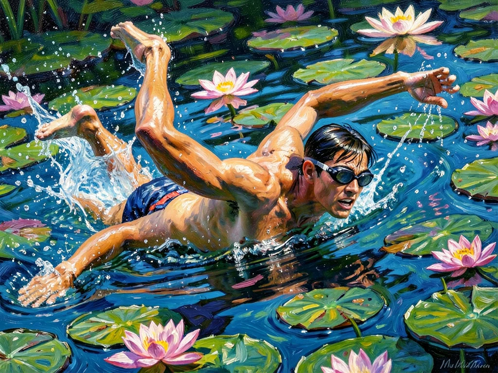 Swimmer mid-butterfly stroke painted in Monet's water lily palette and brushstro