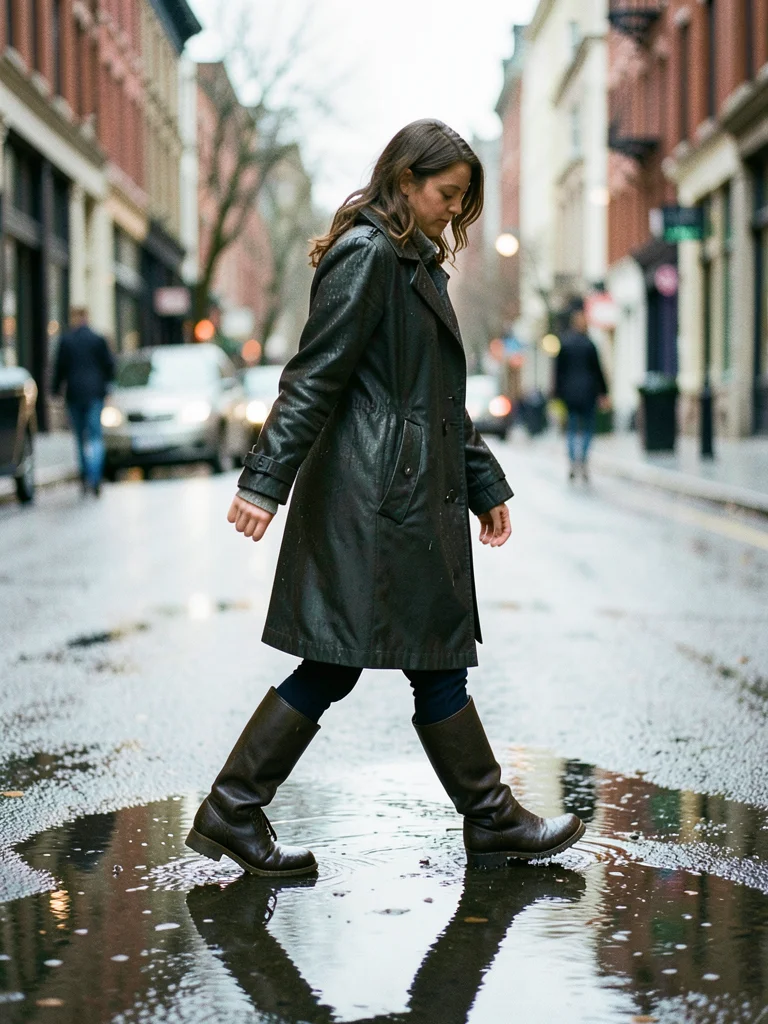 Model in rain coat and boots, stepping over puddle, urban spring street