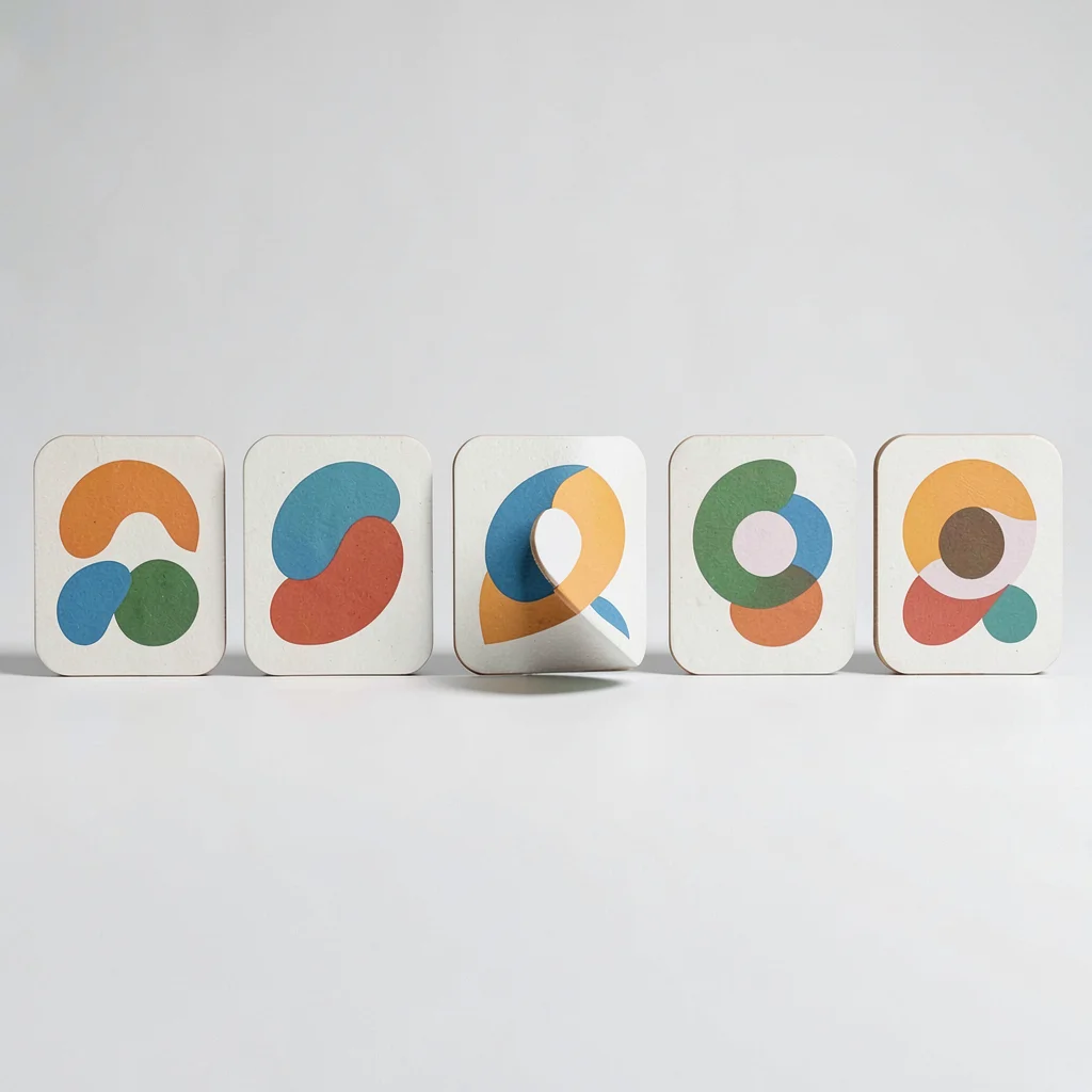 A horizontal row of six abstract coaster designs in a clean row with thin gutter
