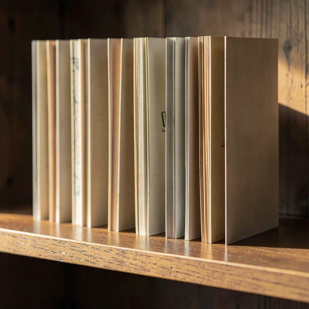 Folded paper composition resembling a row of greeting cards standing on a wooden