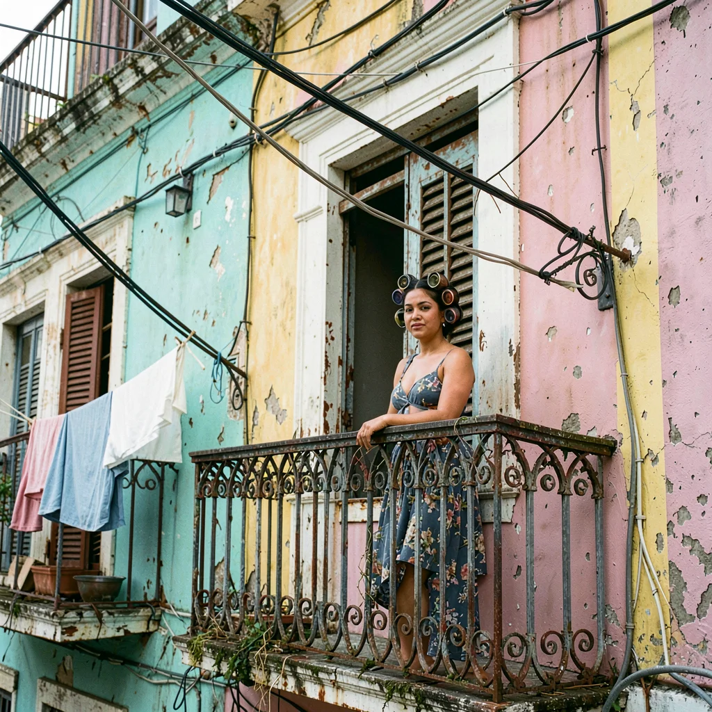Havana preserved decay, improvised maintenance beauty, Woman in hair rollers lea