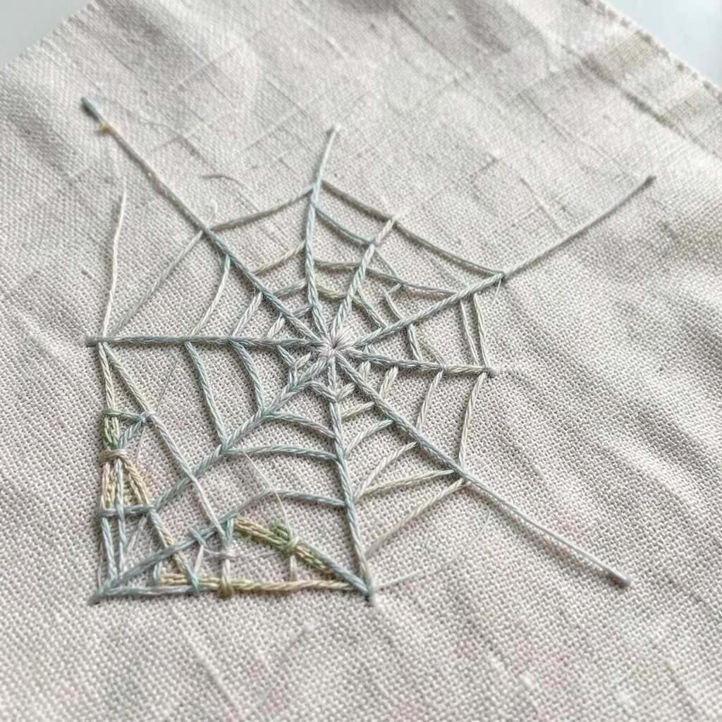 Hand-stitched spiderweb on linen, geometric thread pattern, corner placement