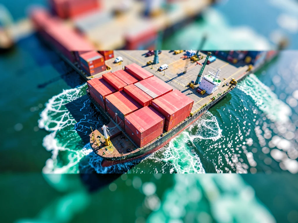 Midday tilt-shift photograph from a drone hovering above a freight harbor, candy
