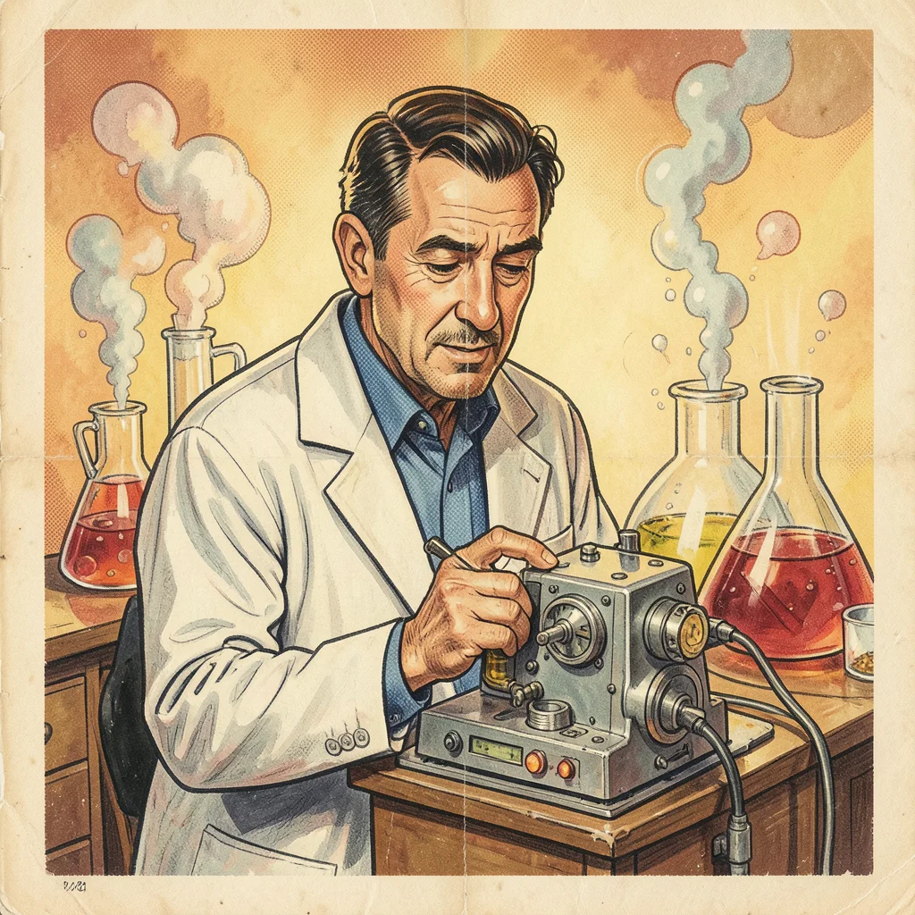 A scientist in a lab coat examining a futuristic device, bubbling beakers behind