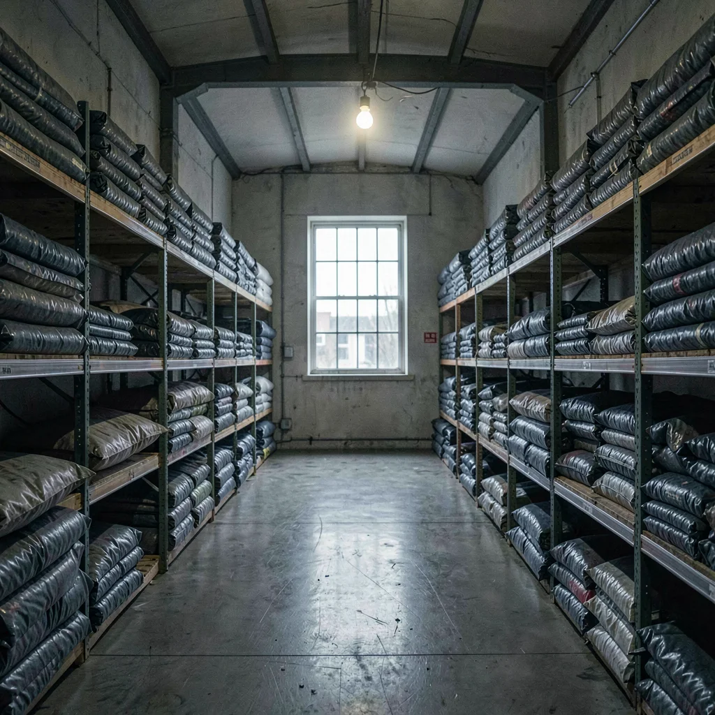 Wide shop hall with finished tarps folded on long shelves and a single bulb pool