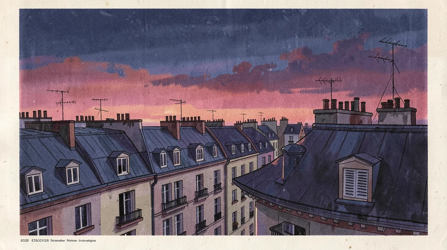 Gouache illustration, Parisian rooftops at dusk , opaque matte pigment, flat col