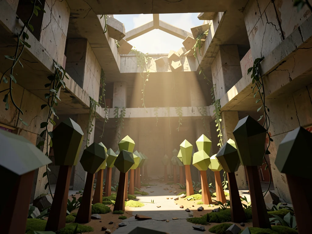 Triangular shopping mall ruin with collapsed central skylight letting a beam of 