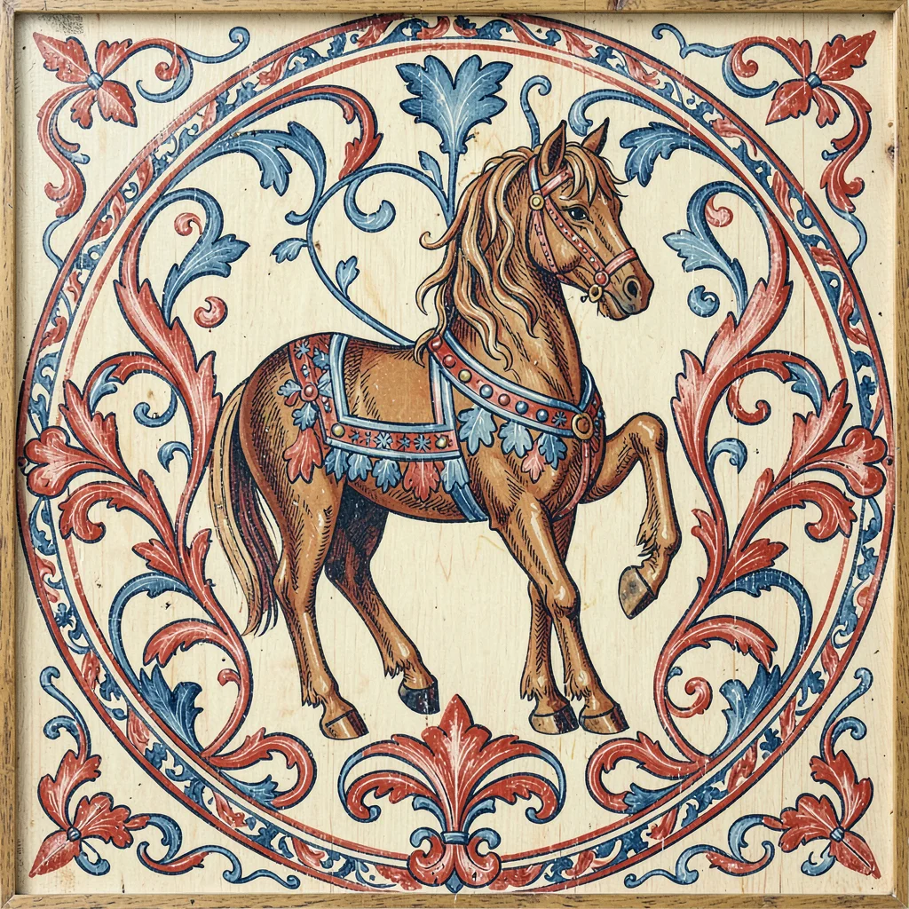 Scandinavian rosemaling illustration, a horse figure with decorative mane and br