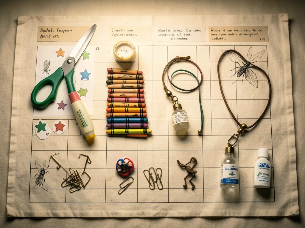 Everything from a kindergarten teacher's desk drawer arranged on a sheet of cons