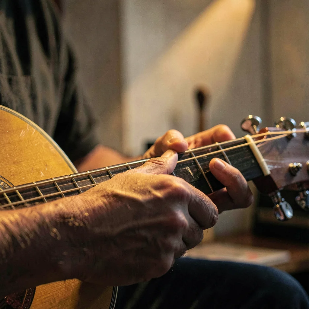 Lamp-lit portrait of a tutor's hands tuning a guitar peg, single warm beam