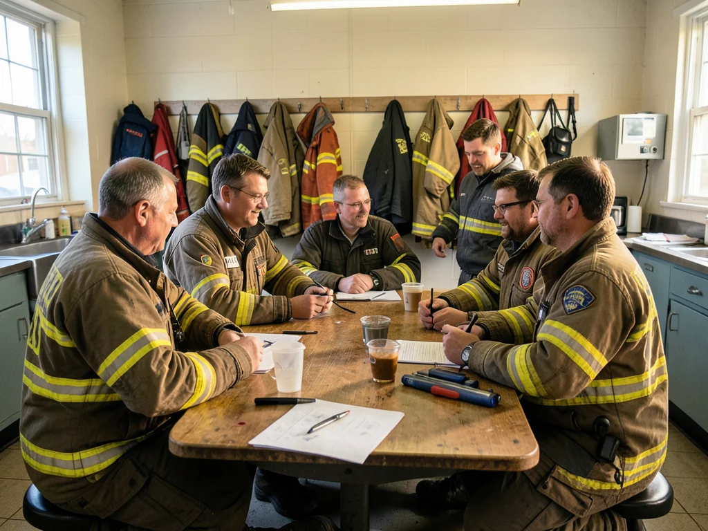 Station kitchen between calls — firefighters around a table, gear on hooks behin