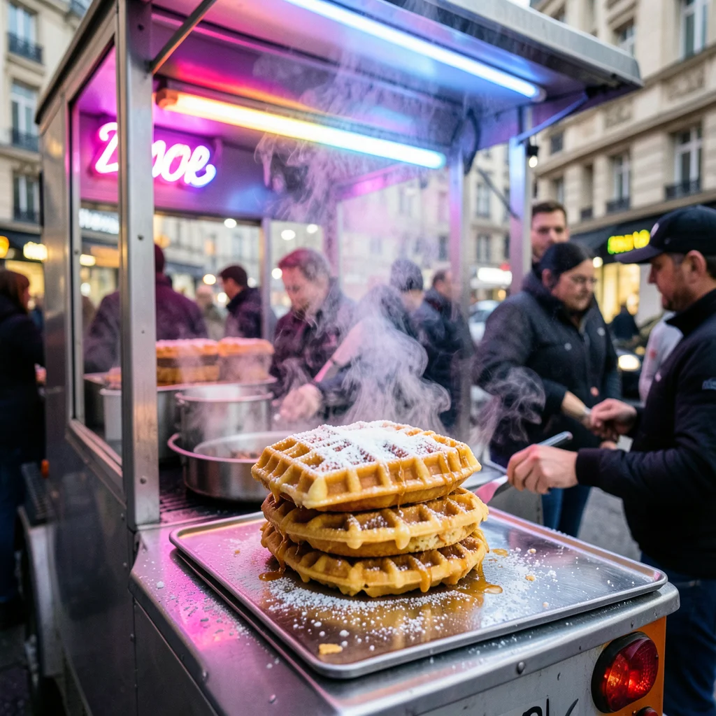 A waffle truck in Brussels, golden Liège waffles with pearl sugar caramelizing, 