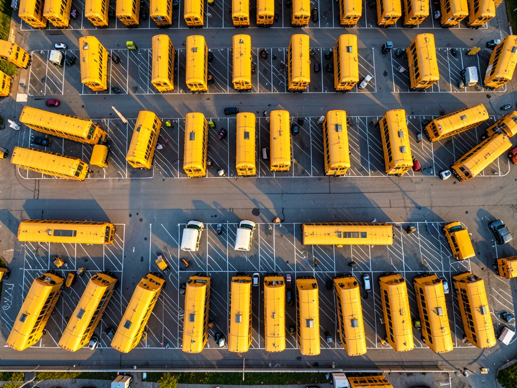A parking lot filled with yellow school buses arranged in rows, the pattern like