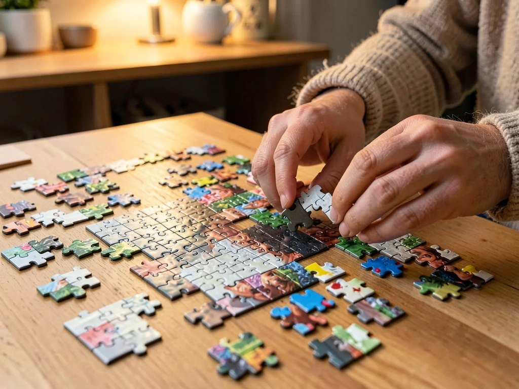 Hands hovering over scattered pieces, trying one, the moment before click of suc