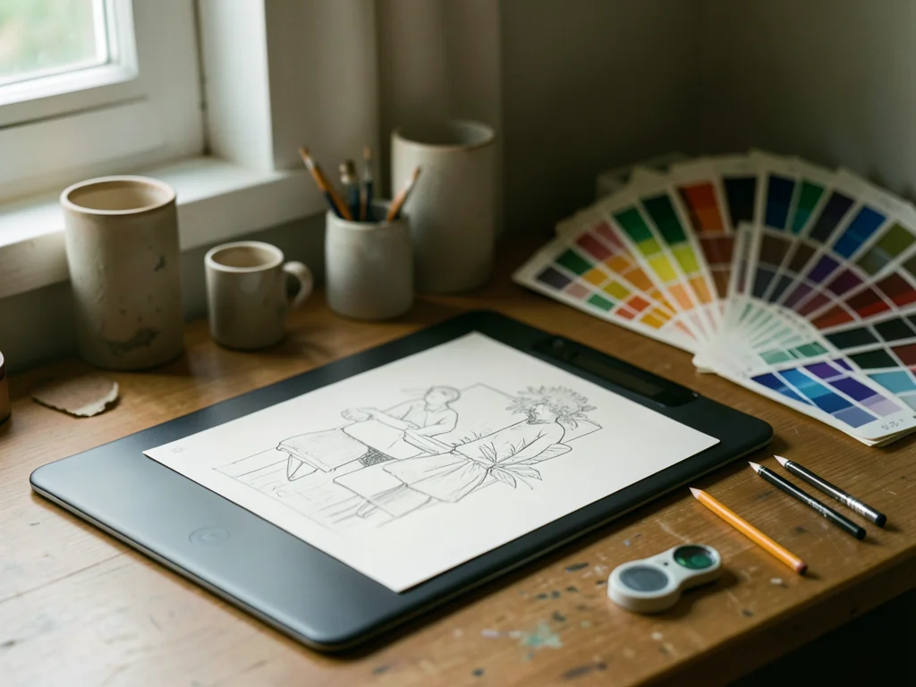 An illustrator's tablet setup: a drawing tablet, a regular pencil sketch beside 