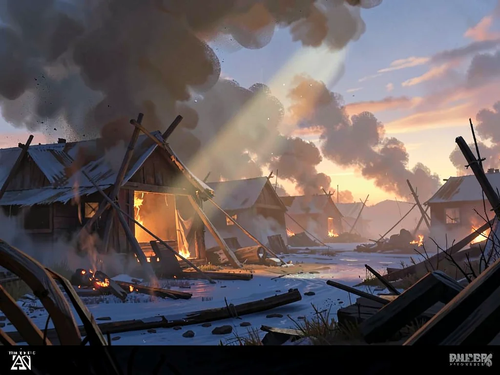 Smouldering siege camp at dawn pierced by a single beam through ash haze, warm e