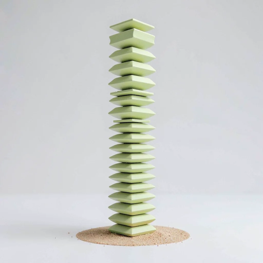 Vertical vector tower of stacked folded shapes, story-tall, pistachio and sand