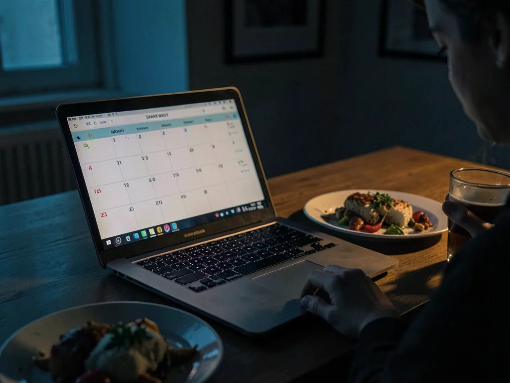 Open laptop showing Monday calendar, untouched dinner growing cold beside it