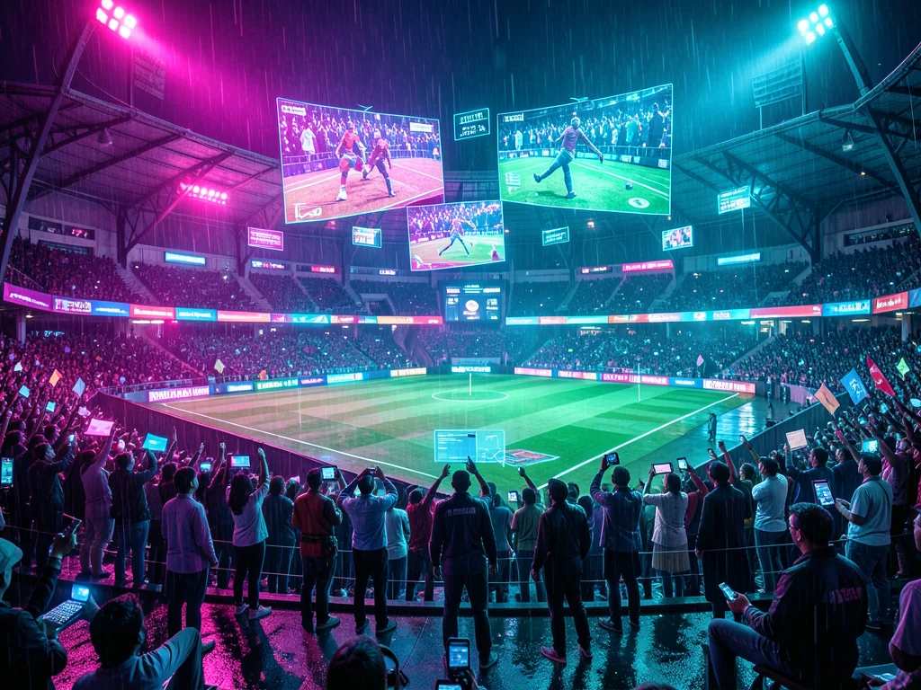 Cricket stadium with holographic replays floating above the pitch, crowd lit by 