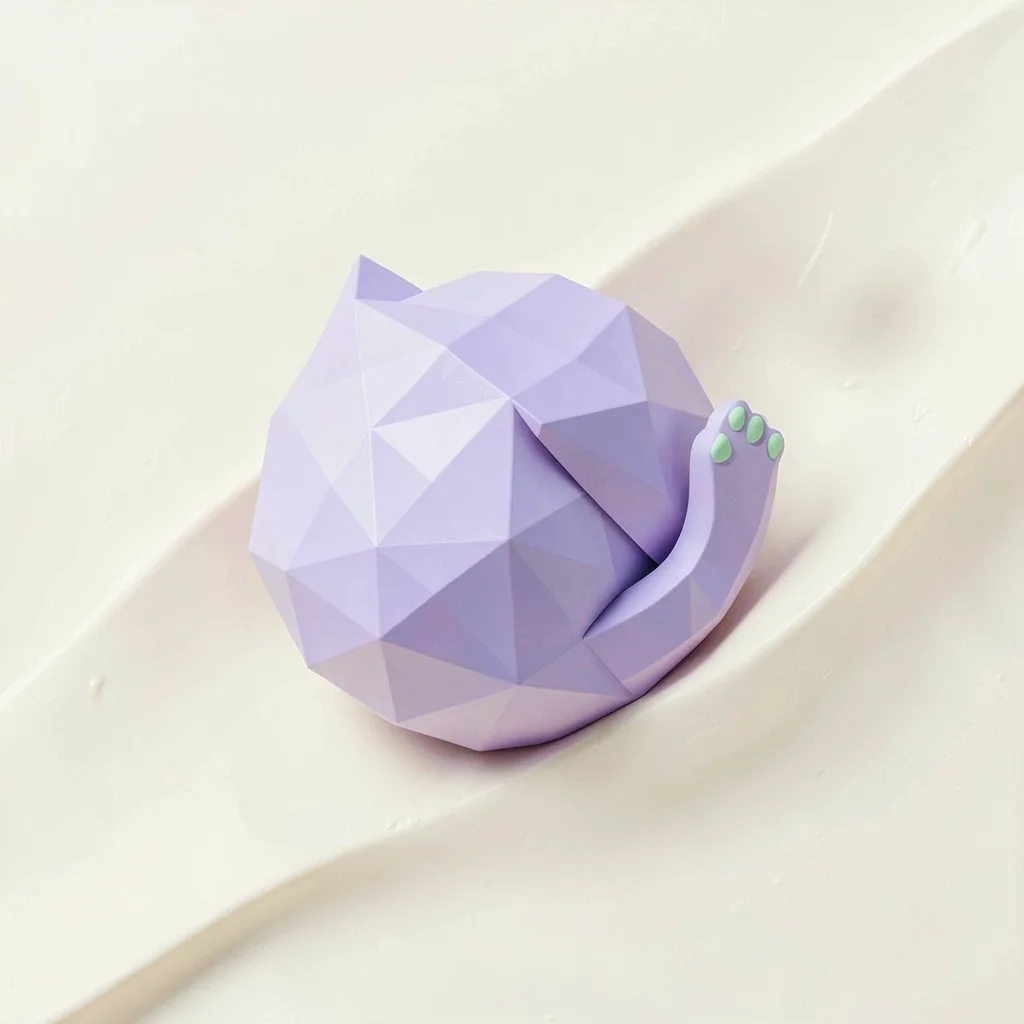 Curled lavender lowpoly cat in a ball with a tucked triangulated tail and tiny m
