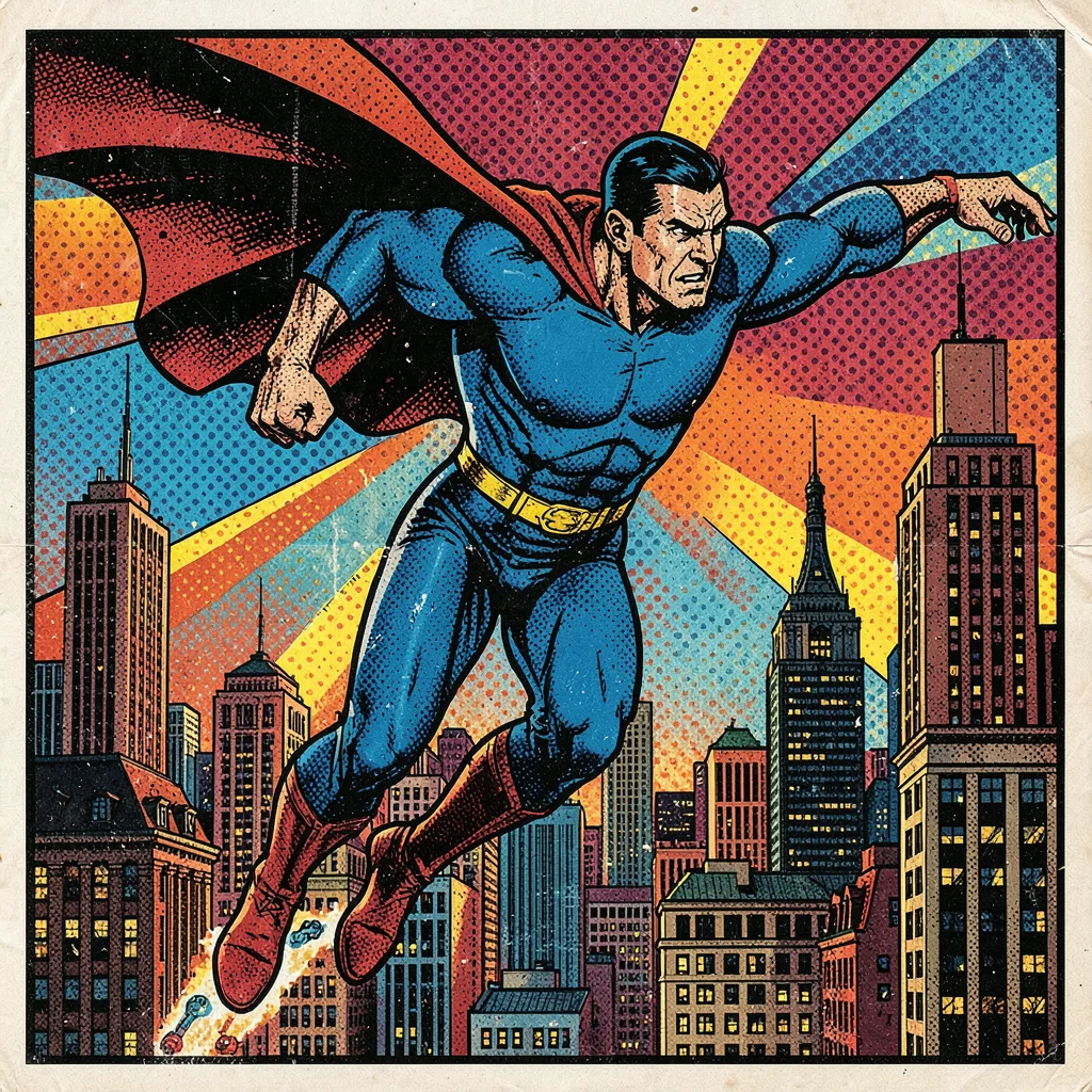 Halftone dot illustration, superhero flying through city , Ben-Day dots, pop art