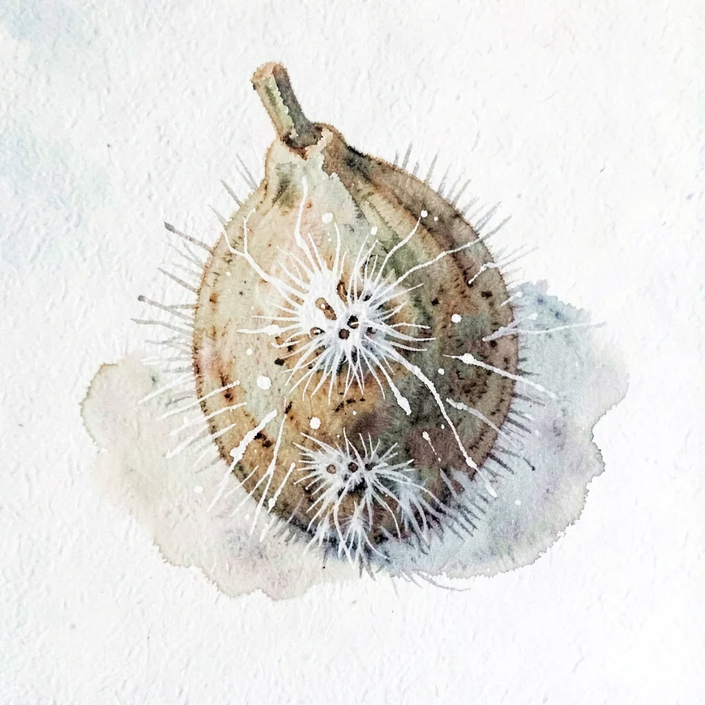 Sidebar gouache of a single koji-dusted rice grain enlarged like a botanical stu